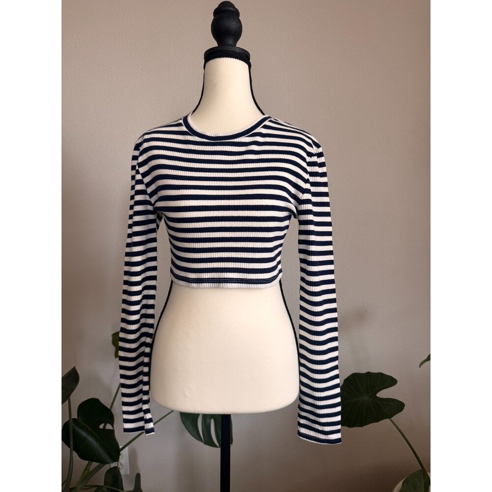 NWT ZARA Striped Ribbed Knit Crop Top Long Sleeve Navy White Cotton Blend M